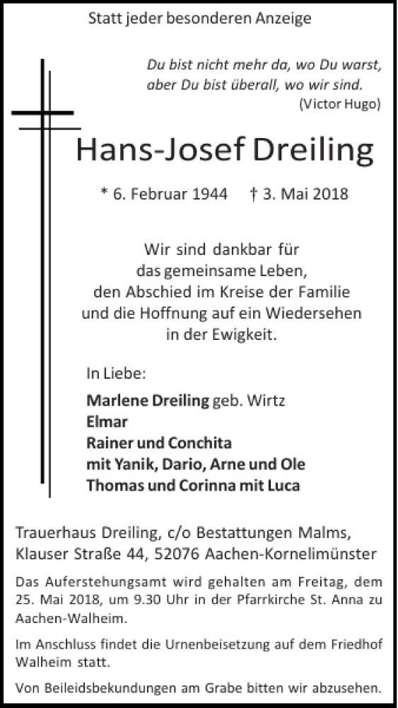  Traueranzeige für Hans-Josef Dreiling vom 20.05.2018 aus Super Sonntag / Super Mittwoch