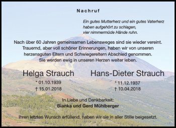 Traueranzeige von Helga Strauch Hans-Dieter Strauch von Aachener Zeitung / Aachener Nachrichten