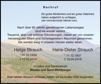 Traueranzeige von Helga Strauch Hans-Dieter Strauch von Super Sonntag / Super Mittwoch