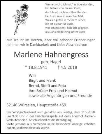 Traueranzeige von Marlene Hahnengress von Aachener Zeitung / Aachener Nachrichten