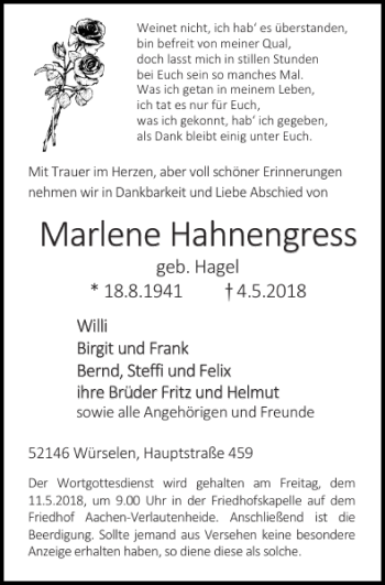 Traueranzeige von Marlene Hahnengress von Super Sonntag / Super Mittwoch