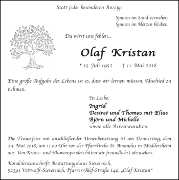 Traueranzeige von Olaf Olaf Olaf Olaf Kristan Kristan Kristan  von Super Sonntag / Super Mittwoch