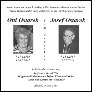 Traueranzeige von Otti Ostarek Josef Ostarek von Super Sonntag / Super Mittwoch