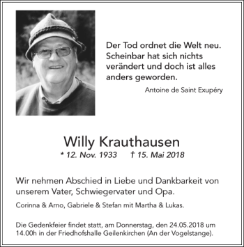 Traueranzeige von Willy Krauthausen von Aachener Zeitung / Aachener Nachrichten