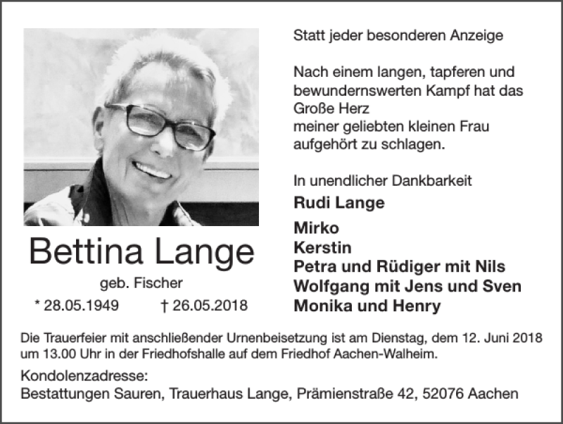 Traueranzeigen von Bettina Lange | Aachen gedenkt
