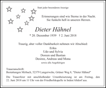 Traueranzeige von Dieter Hähnel von Super Sonntag / Super Mittwoch