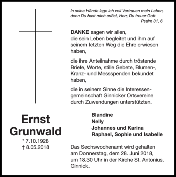 Traueranzeige von Ernst Grunwald von Super Sonntag / Super Mittwoch