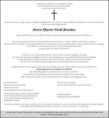 Traueranzeige von Ferdi Bruckes von Aachener Zeitung / Aachener Nachrichten