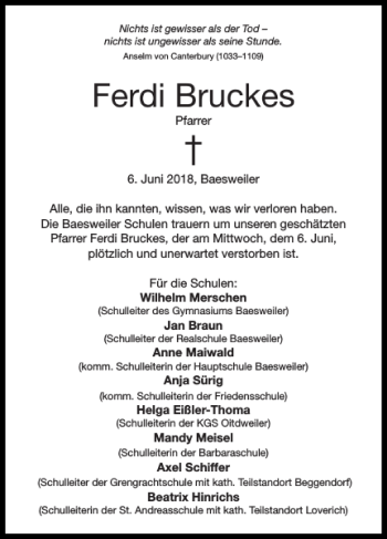 Traueranzeige von Ferdi Bruckes von Super Sonntag / Super Mittwoch