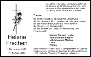 Traueranzeige von Helene Frechen von Super Sonntag / Super Mittwoch