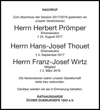 Traueranzeige von Herbert Prömper Hans-Josef Thouet Franz-Josef Wirtz  von Aachener Zeitung / Aachener Nachrichten
