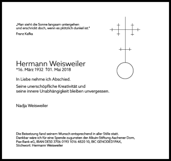 Traueranzeige von Hermann Weisweiler von Aachener Zeitung / Aachener Nachrichten