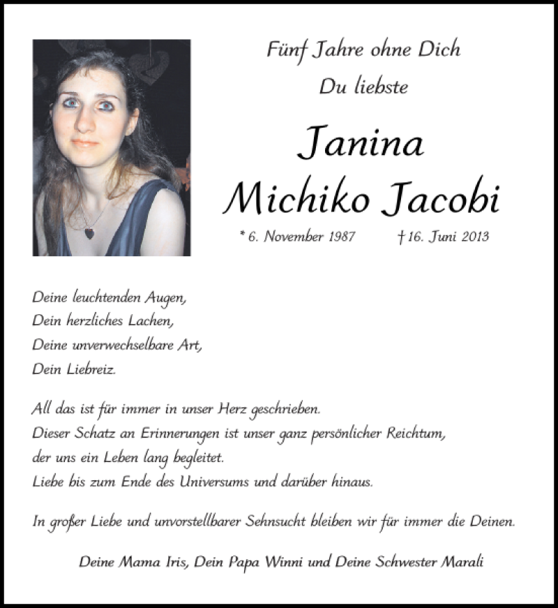  Traueranzeige für Janina Michiko Jacobi vom 16.06.2018 aus Aachener Zeitung / Aachener Nachrichten