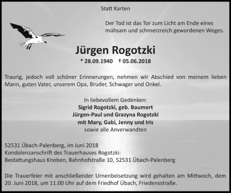  Traueranzeige für Jürgen Rogotzki vom 17.06.2018 aus Super Sonntag / Super Mittwoch