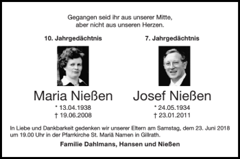 Traueranzeige von Maria Nießen Josef Nießen von Super Sonntag / Super Mittwoch