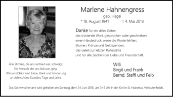 Traueranzeige von Marlene Hahnengress von Super Sonntag / Super Mittwoch