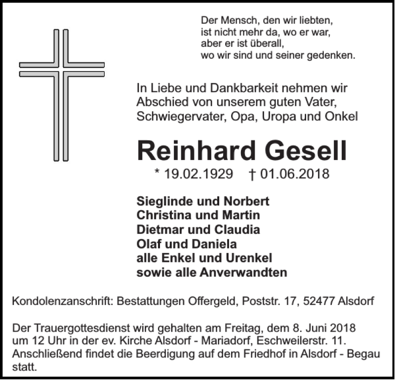  Traueranzeige für Reinhard Gesell vom 06.06.2018 aus Super Sonntag / Super Mittwoch
