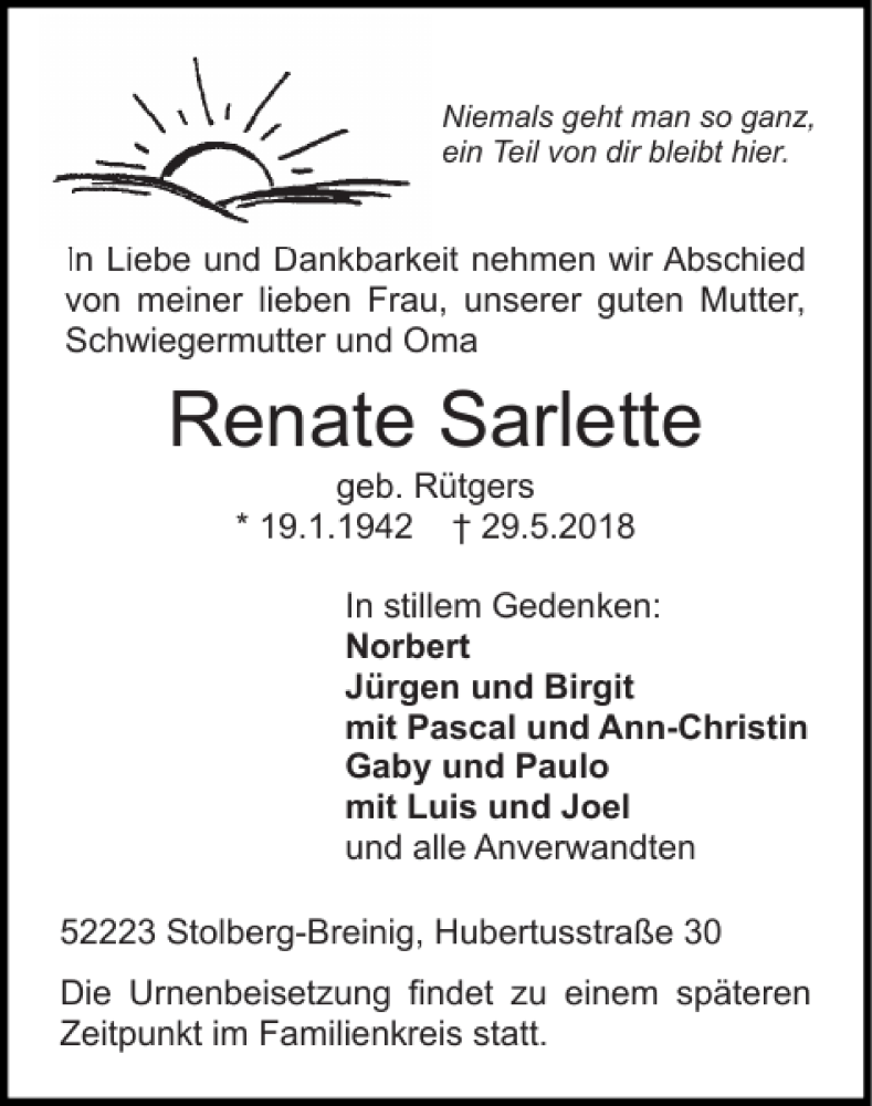  Traueranzeige für Renate Sarlette vom 03.06.2018 aus Super Sonntag / Super Mittwoch