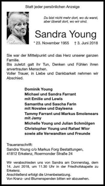 Traueranzeige von Sandra Young von Super Sonntag / Super Mittwoch
