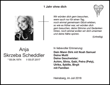 Traueranzeige von Anja Skrzeba Scheddler von Super Sonntag / Super Mittwoch