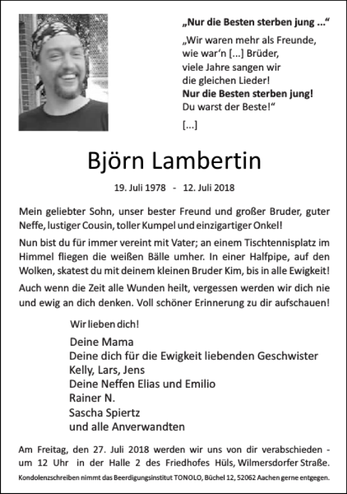  Traueranzeige für Björn Lambertin vom 22.07.2018 aus Super Sonntag / Super Mittwoch