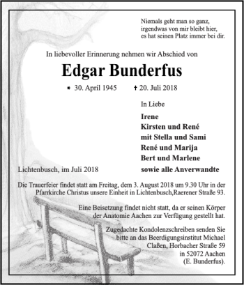 Traueranzeige von Edgar Bunderfus von Super Sonntag / Super Mittwoch