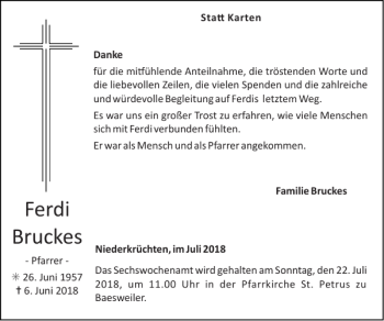 Traueranzeige von Ferdi Bruckes von Super Sonntag / Super Mittwoch