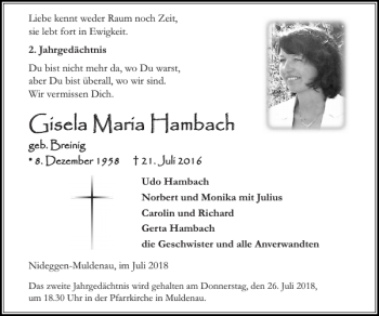 Traueranzeige von Gisela Maria Hambach von Aachener Zeitung / Aachener Nachrichten