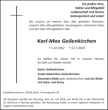Traueranzeige von Karl-Max Geilenkirchen von Aachener Zeitung / Aachener Nachrichten