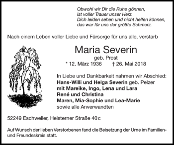 Traueranzeige von Maria Severin von Super Sonntag / Super Mittwoch