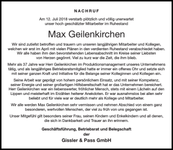Traueranzeige von Max Geilenkirchen von Aachener Zeitung / Aachener Nachrichten
