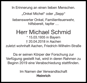 Traueranzeige von Michael Schmid von Super Sonntag / Super Mittwoch