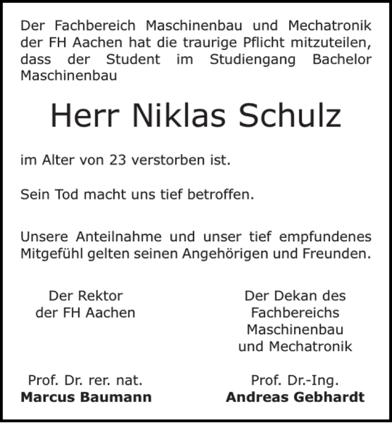  Traueranzeige für Niklas Schulz vom 21.07.2018 aus Aachener Zeitung / Aachener Nachrichten