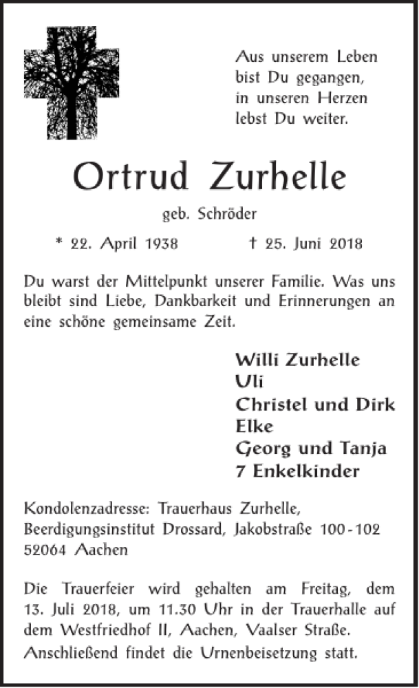  Traueranzeige für Ortrud Zurhelle vom 08.07.2018 aus Super Sonntag / Super Mittwoch