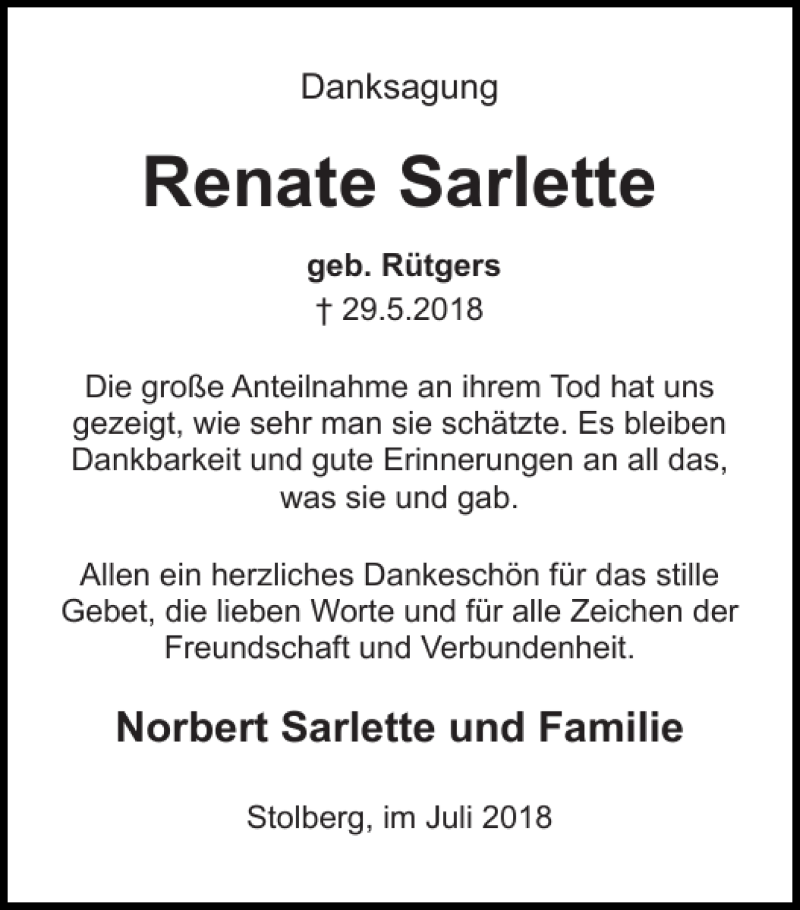  Traueranzeige für Renate Sarlette vom 01.07.2018 aus Super Sonntag / Super Mittwoch