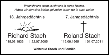 Traueranzeige von Richard Stach Roland Stach von Super Sonntag / Super Mittwoch