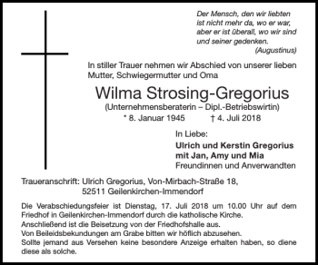 Traueranzeige von Wilma Strosing-Gregorius von Super Sonntag / Super Mittwoch