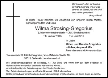 Traueranzeige von Wilma Strosing-Gregorius von Aachener Zeitung / Aachener Nachrichten