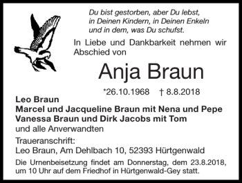 Traueranzeige von Anja Braun von Super Sonntag / Super Mittwoch