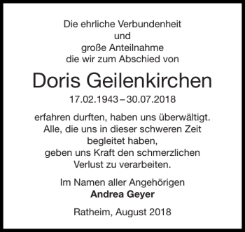 Traueranzeige von Doris Geilenkirchen von Super Sonntag / Super Mittwoch