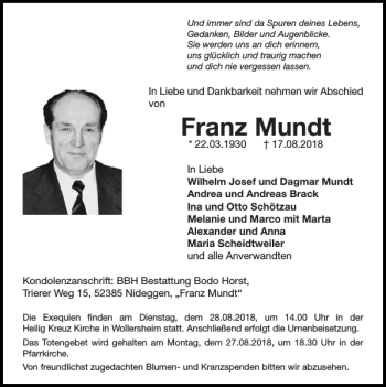 Traueranzeige von Franz Mundt von Super Sonntag / Super Mittwoch