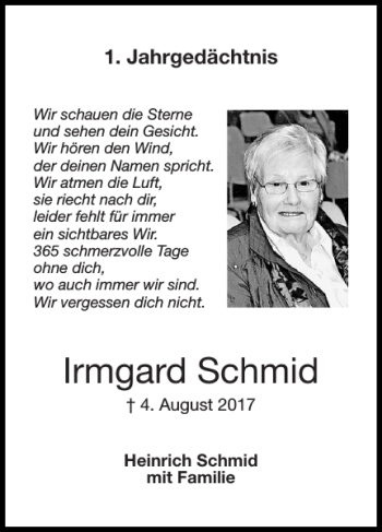Traueranzeige von Irmgard Schmid von Super Sonntag / Super Mittwoch