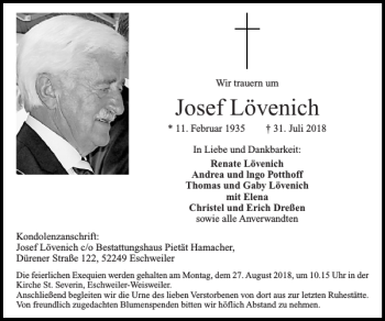 Traueranzeige von Josef Lövenich von Super Sonntag / Super Mittwoch