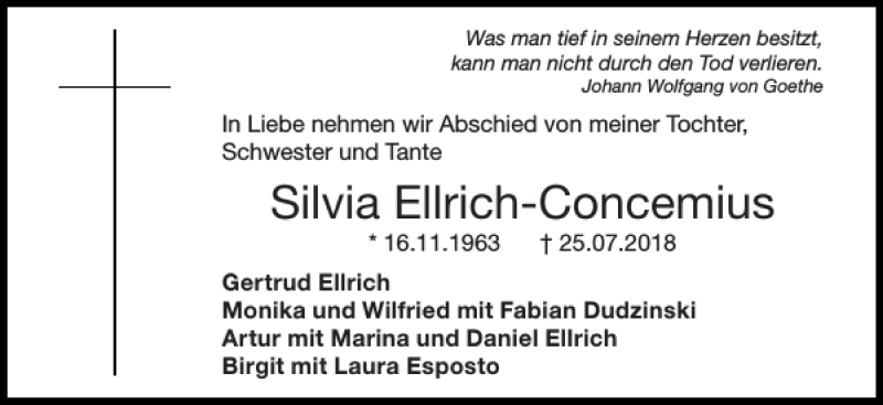  Traueranzeige für Silvia Ellrich-Concemius vom 05.08.2018 aus Super Sonntag / Super Mittwoch