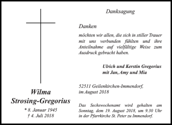 Traueranzeige von Wilma Strosing-Gregorius von Aachener Zeitung / Aachener Nachrichten