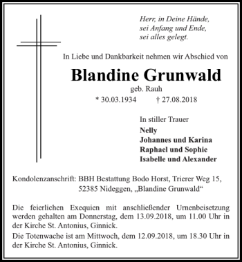Traueranzeige von Blandine Grunwald von Super Sonntag / Super Mittwoch