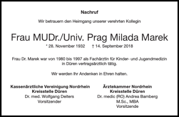 Traueranzeige von Frau MUDr. Univ. Prag Milada Marek  von Aachener Zeitung / Aachener Nachrichten