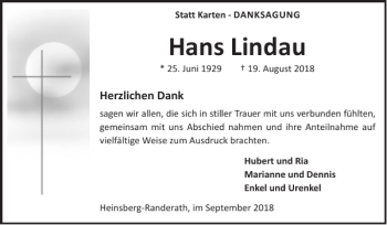 Traueranzeige von Hans Lindau von Super Sonntag / Super Mittwoch