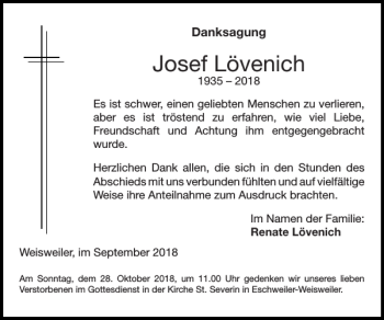 Traueranzeige von Josef Lövenich von Super Sonntag / Super Mittwoch