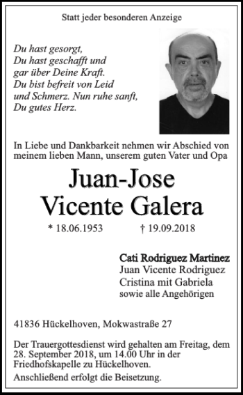 Traueranzeige von Juan-Jose Vicente Galera Vicente Galera von Super Sonntag / Super Mittwoch
